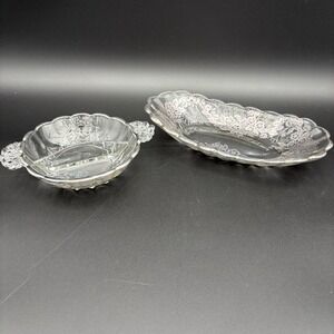 Set Silver City Glass Flanders Poppy Divided Relish & 11" Oval Dish Silver Leaf